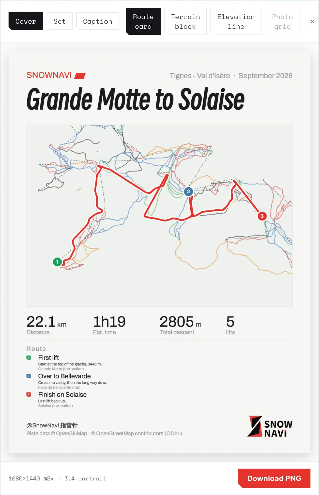 The poster panel with six template tabs and a rendered route card