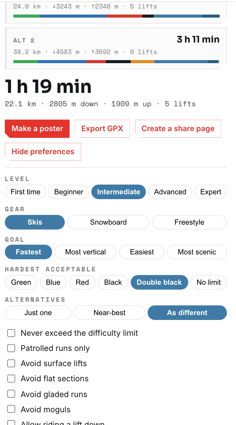 The route preferences panel: level, gear, goal, hardest acceptable