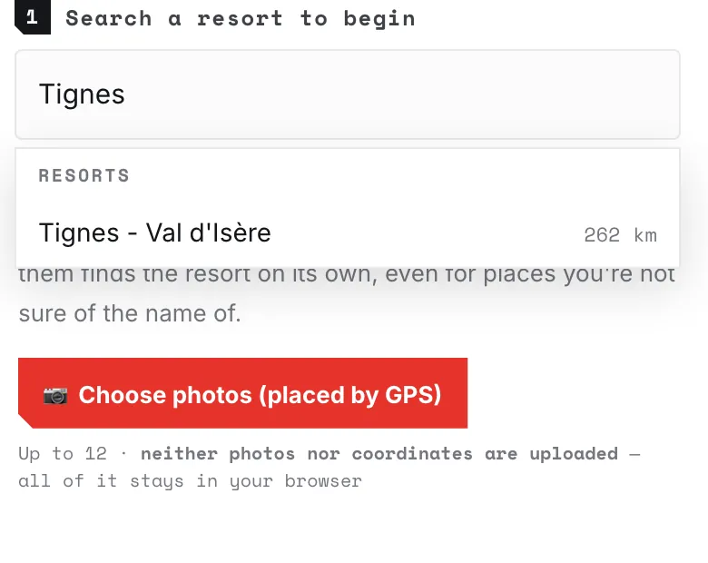 The search box with “Tignes” typed in and the resort in the results