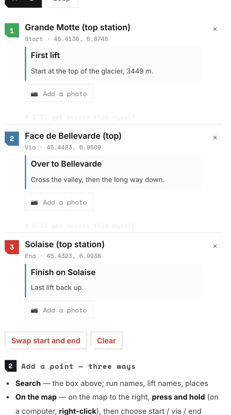 The waypoint list, each point with a title and a note